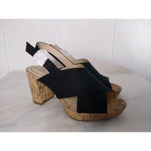 LifeStride Lara Sandal Women's 7M Black Fabric Chunky Faux Cork 3.5" Heel NWOB